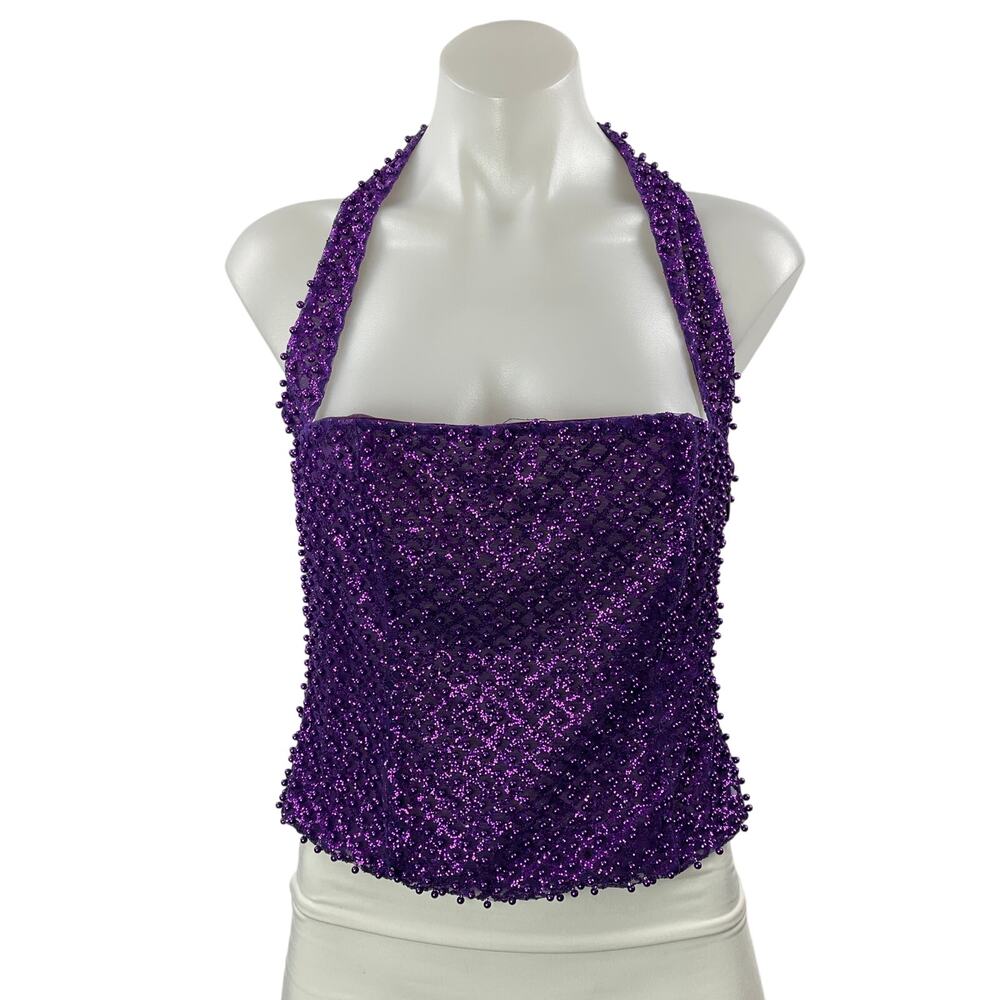 Oh Polly Purple Violet Halter Square Neck Rhinestone Open Back Crop Top Size 8